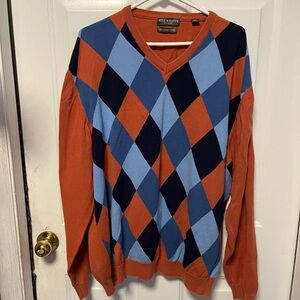 Lyle & Scott V-Neck Argyle Sweater - Orange and Blue